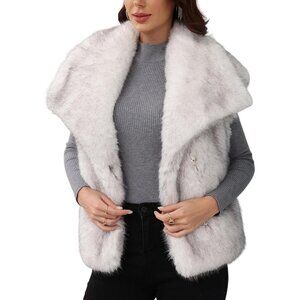 Women's White Faux Fur Vest Lapel Collar Sleeveless Furry Jacket Shaggy Warm